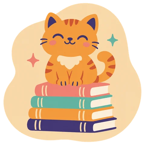 A smiling orange cat sitting on a stack of four books.