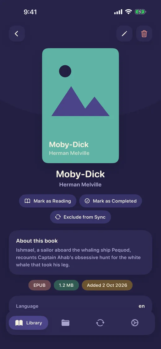 A book page with a large cover, the title and author, Mark as Reading and Mark as Completed buttons, an About card, and chips for format, size and date added.