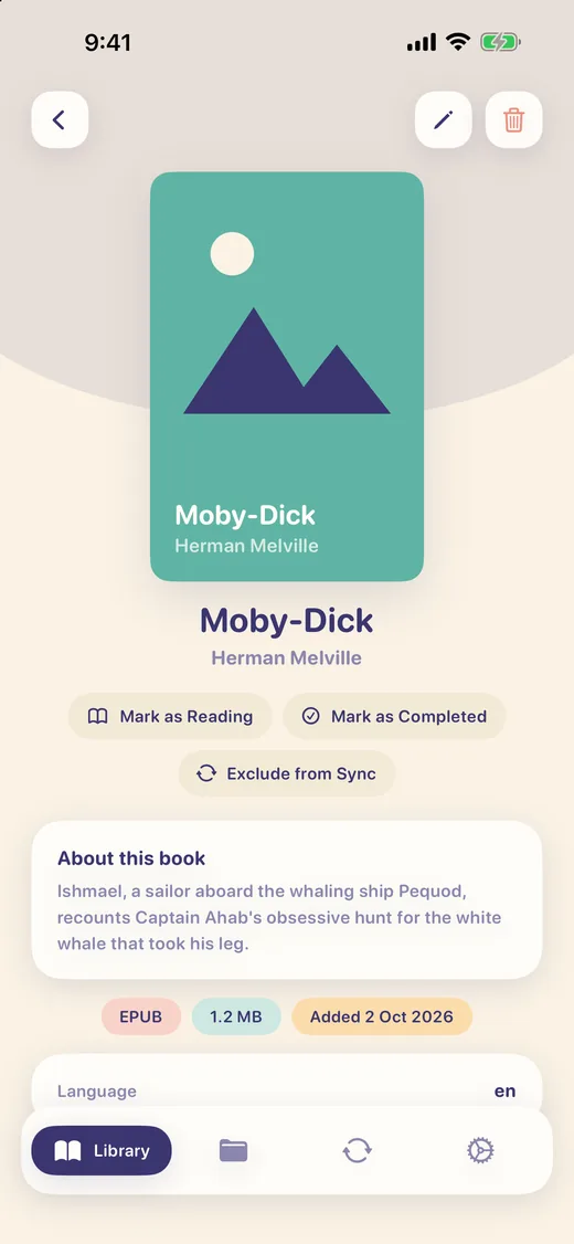 A book page with a large cover, the title and author, Mark as Reading and Mark as Completed buttons, an About card, and chips for format, size and date added.