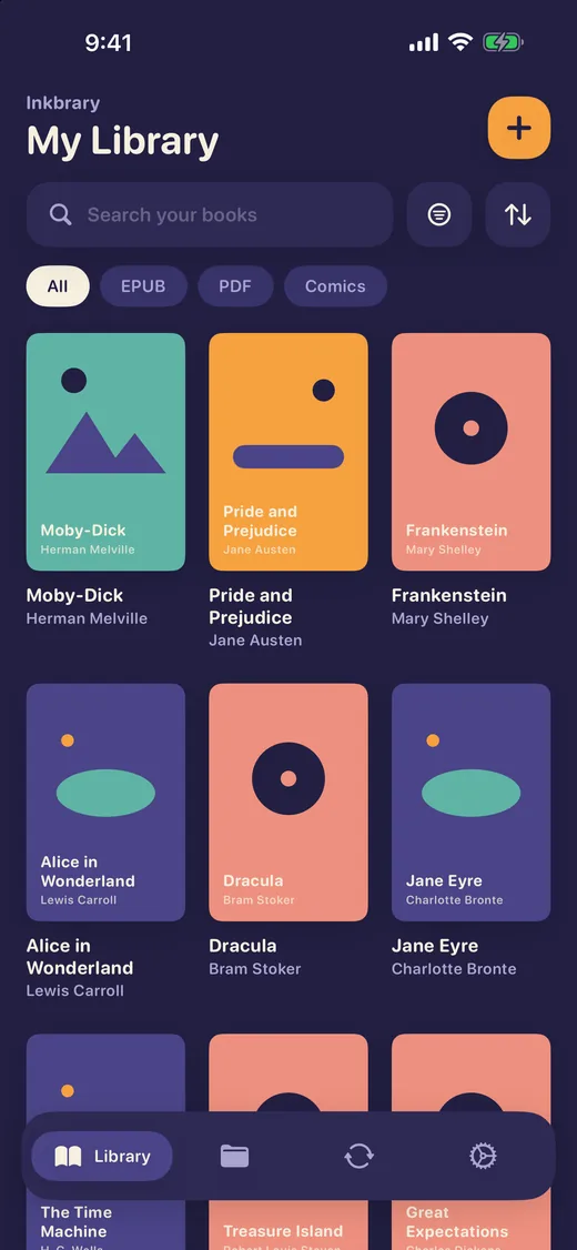 The library screen: book covers in a grid, a search bar and filter chips for All, EPUB, PDF and Comics.