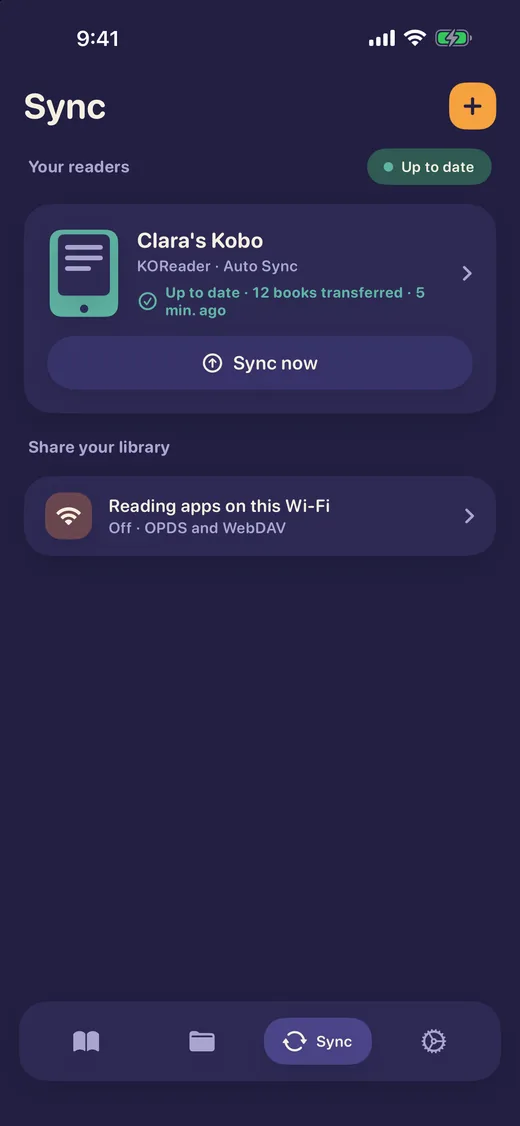 The Sync screen showing one reader, up to date, with a Sync now button and a card for sharing the library.
