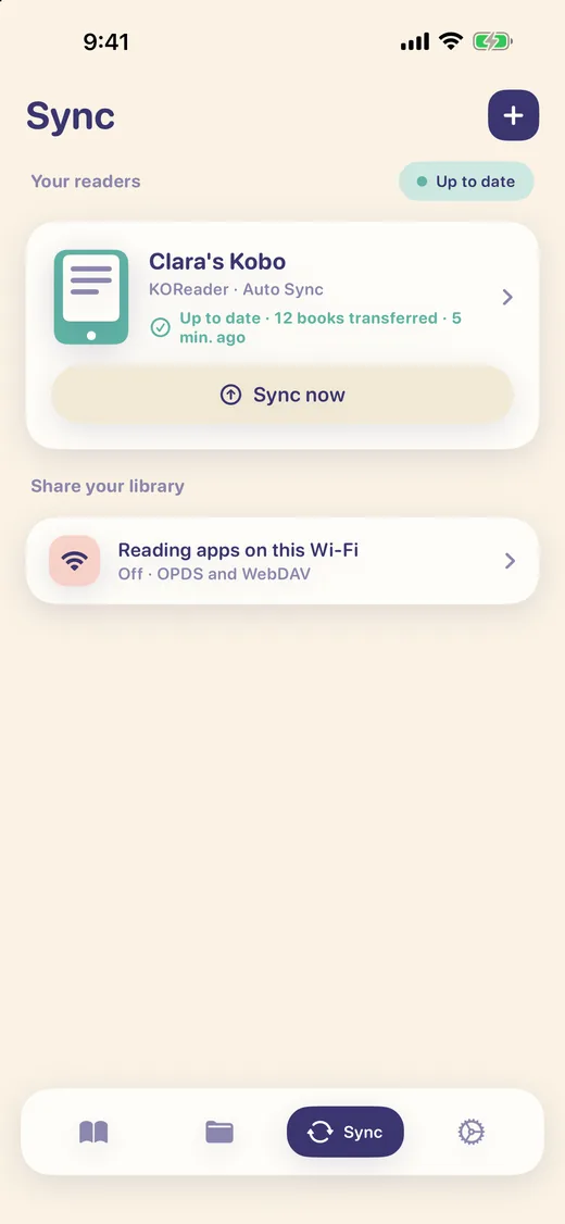 The Sync screen showing one reader, up to date, with a Sync now button and a card for sharing the library.